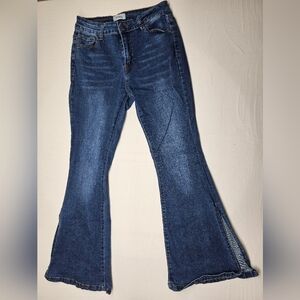Dark Wash Flare Jeans Side Slit Denim Bell Bottoms Flared Leg‎ Pants